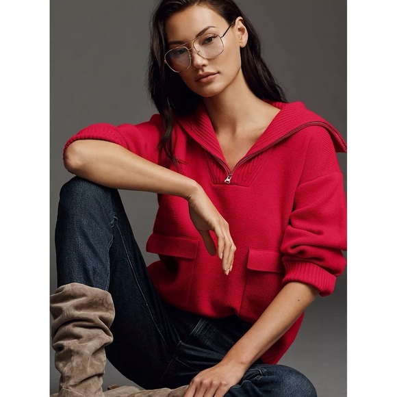 Anthropologie Red English Factory Half Zip Pullover Chunky Knit Sweater Sz L - Picture 1 of 13